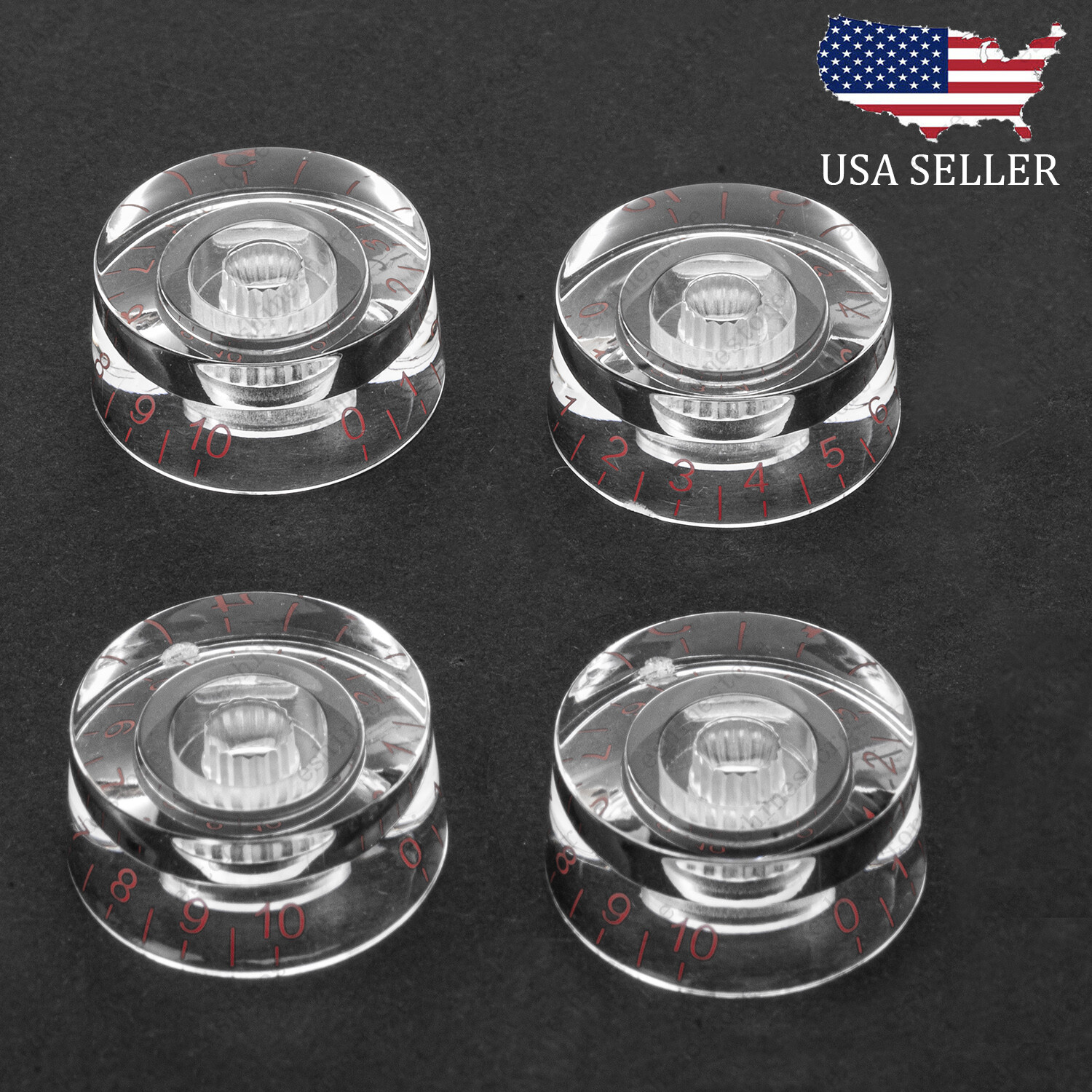 4 Pcs CLEAR w/RED Letter Guitar Control Knobs Speed Knobs For Les Paul SG