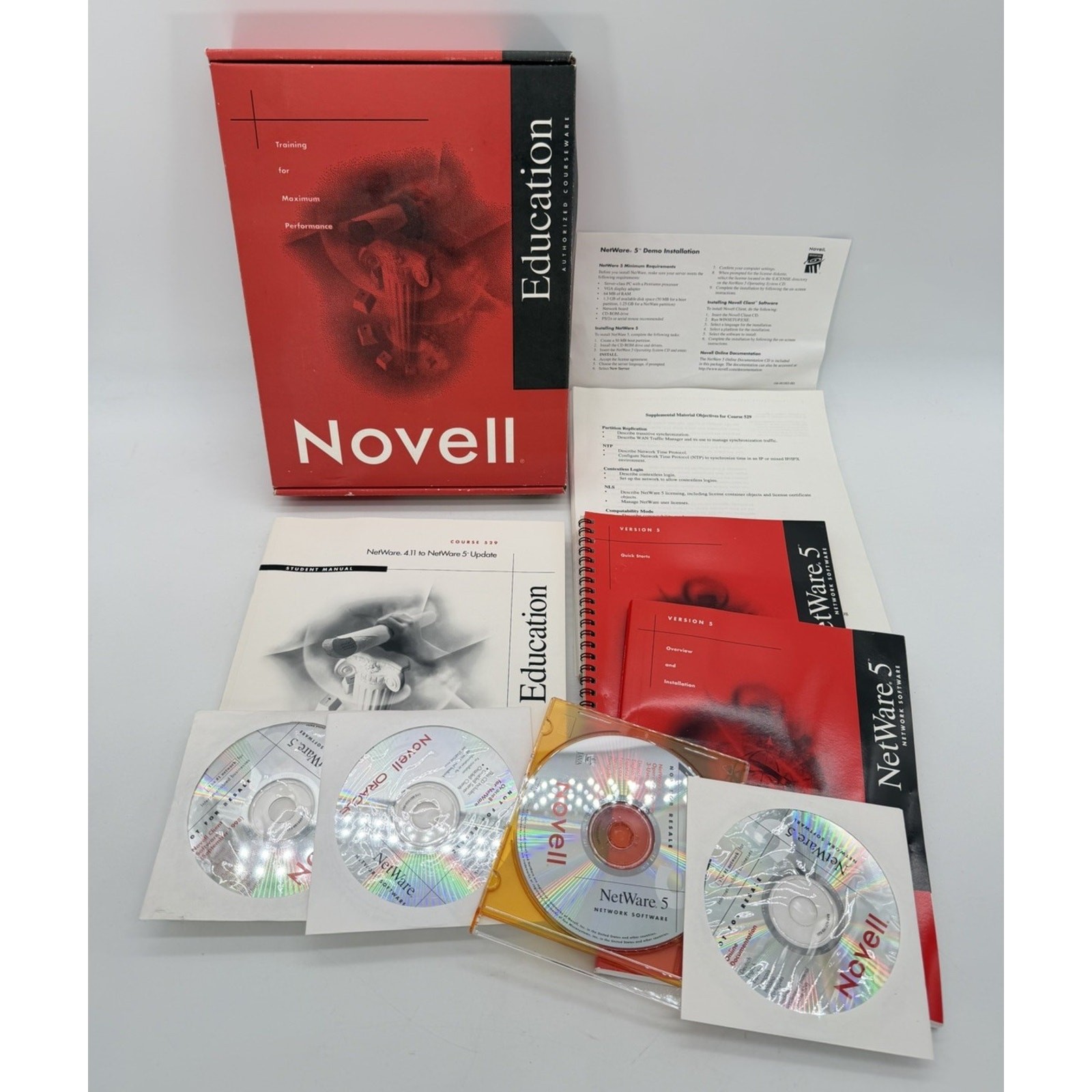 NOVELL NETWARE 5 Educational Student Set W/ BOOKS, CDs, Paperwork & Box