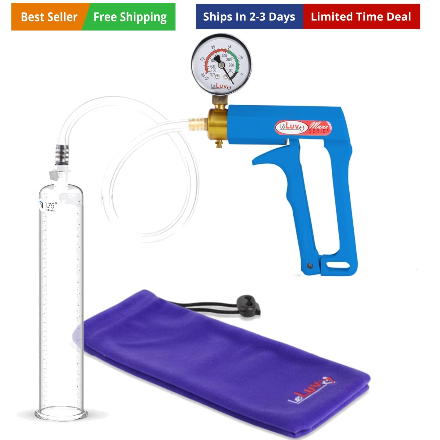 Penis Pump with Gauge -  Maxi Handle Vacuum Pump, Clear Hose 9" Length, & Tra...