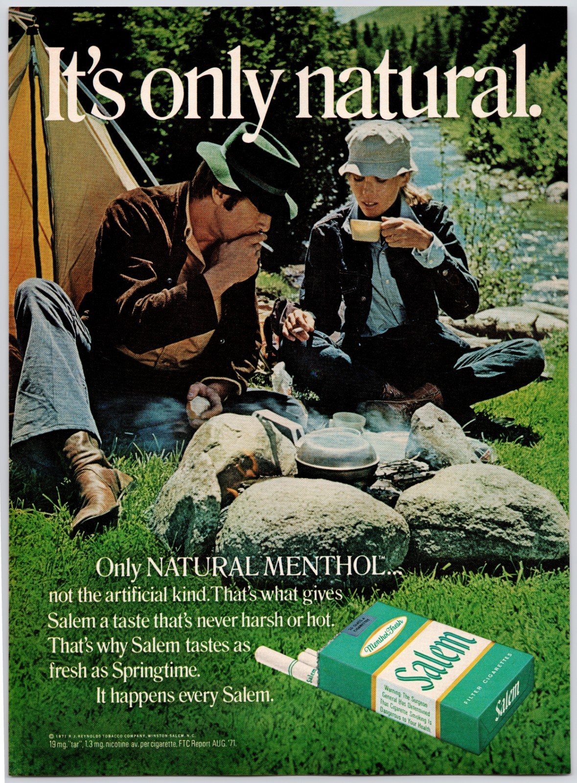 Salem Cigarettes Camping Outdoors Only Natural Menthols Vintage Print Ad 1970s
