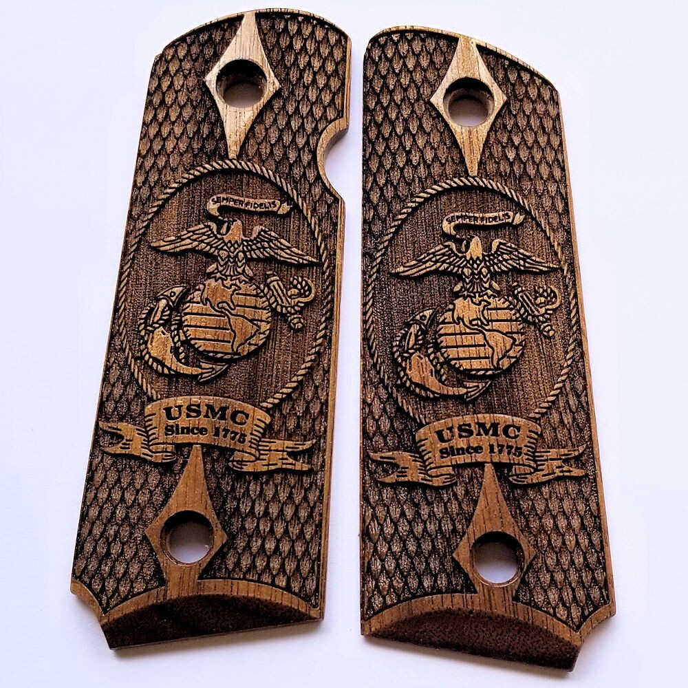 Compact 1911 custom 3D engraved walnut grips Scroll Marines Semper Fidelis US
