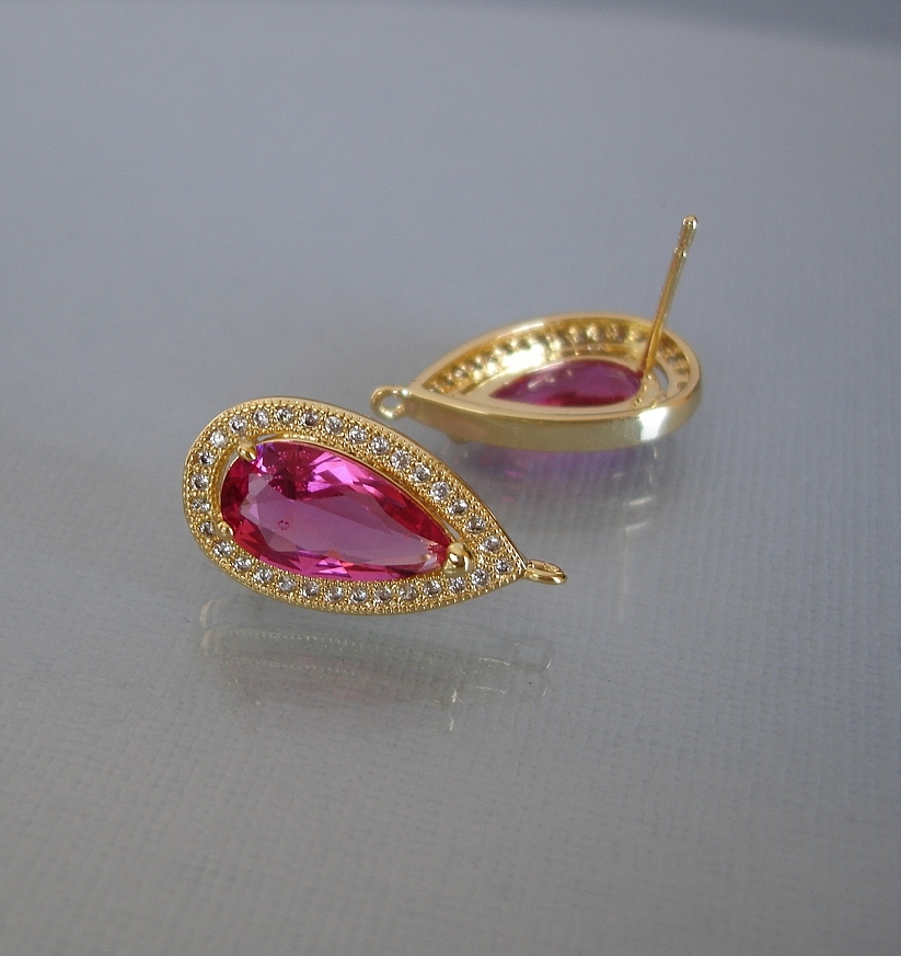 Rose Pink Teardrop Cubic Zirconia CZ 18K Gold Plated Ear Stud Earrings Post.