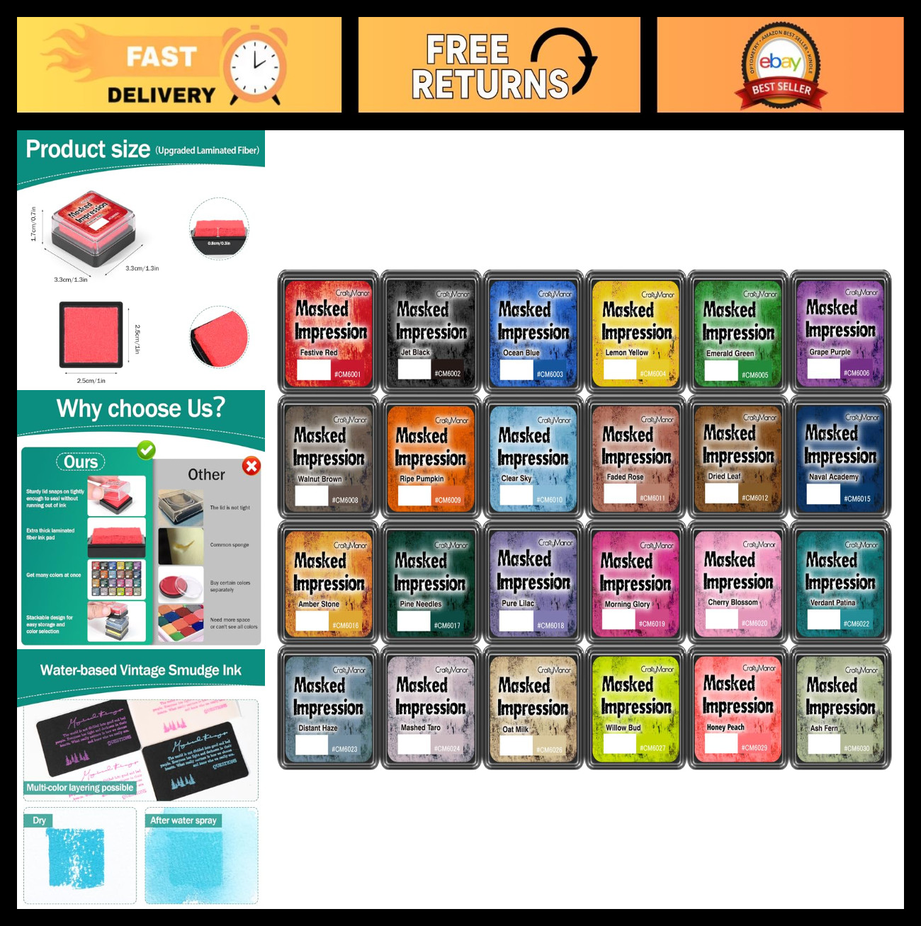 Mini Ink Pads for Stamps - 24 Water-Based Smudge Chalk Colors for Scrapbooking,