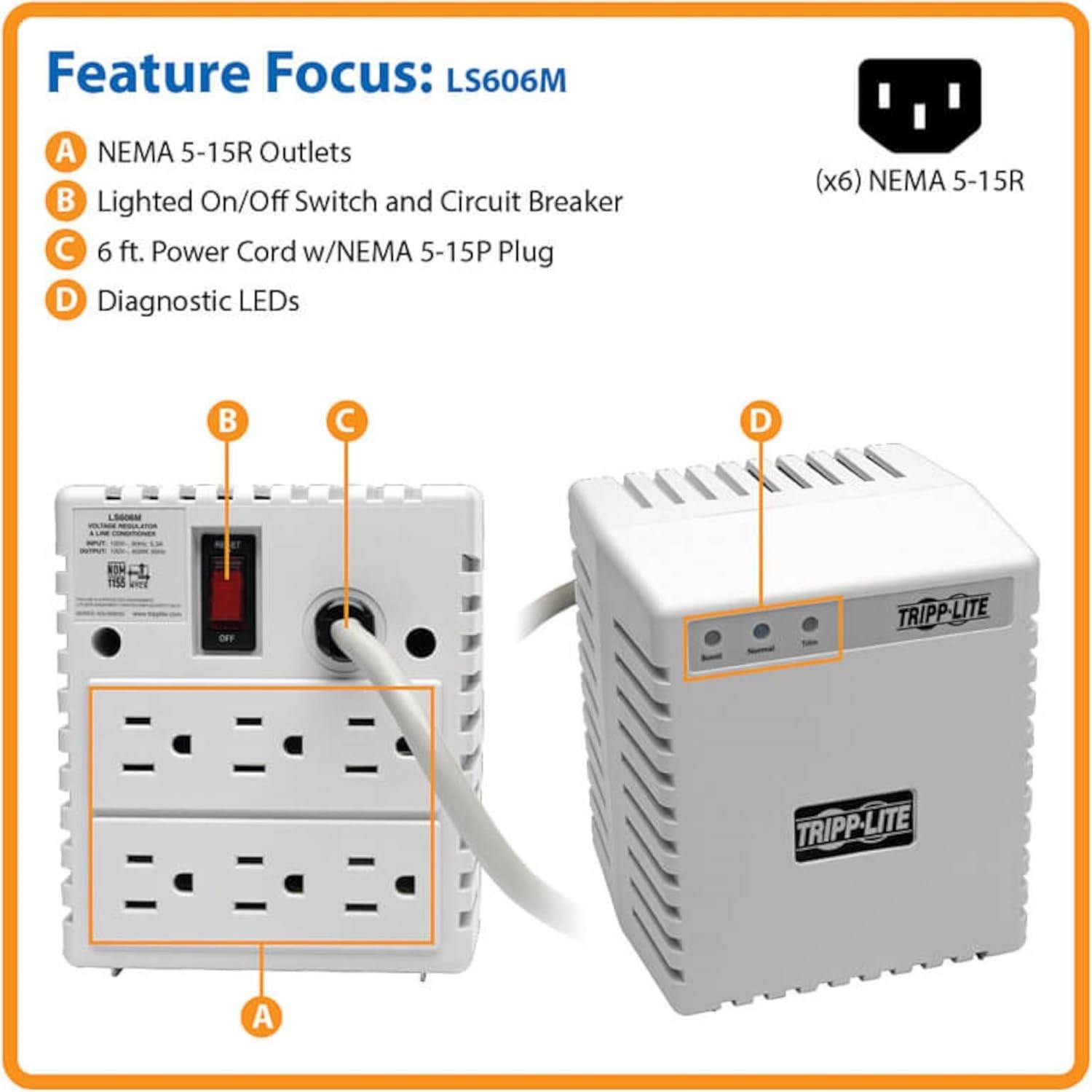 Voltage Regulator for Sensitive Electronics - 6 Outlets