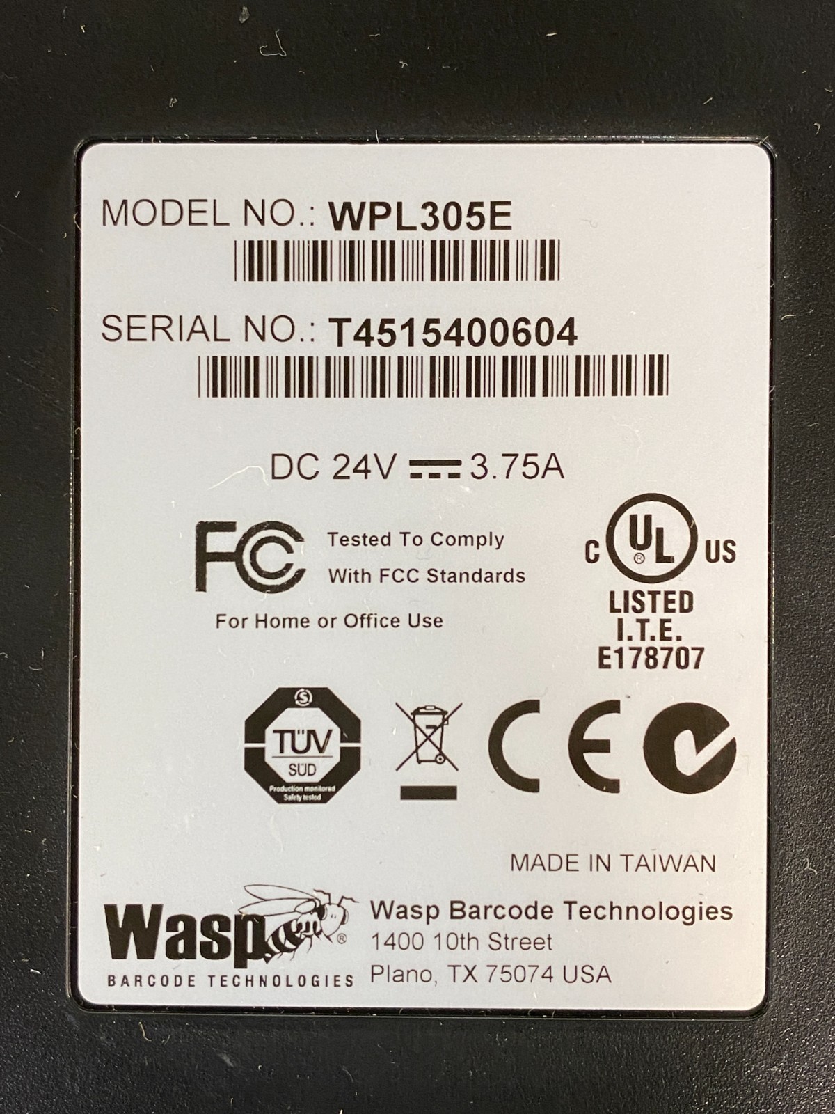 Wasp Barcode Tech WPL305E Thermal Label Printer w/ Adapter & Cord (Open Box)