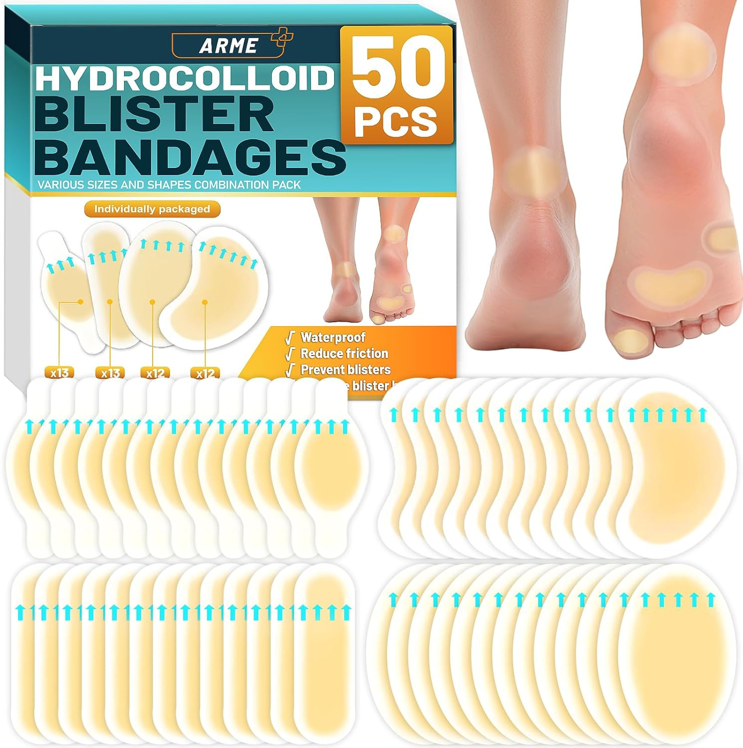 Hydrocolloid Bandages, 50Pcs Gel Blister Bandages for Feet, Waterproof Blister P