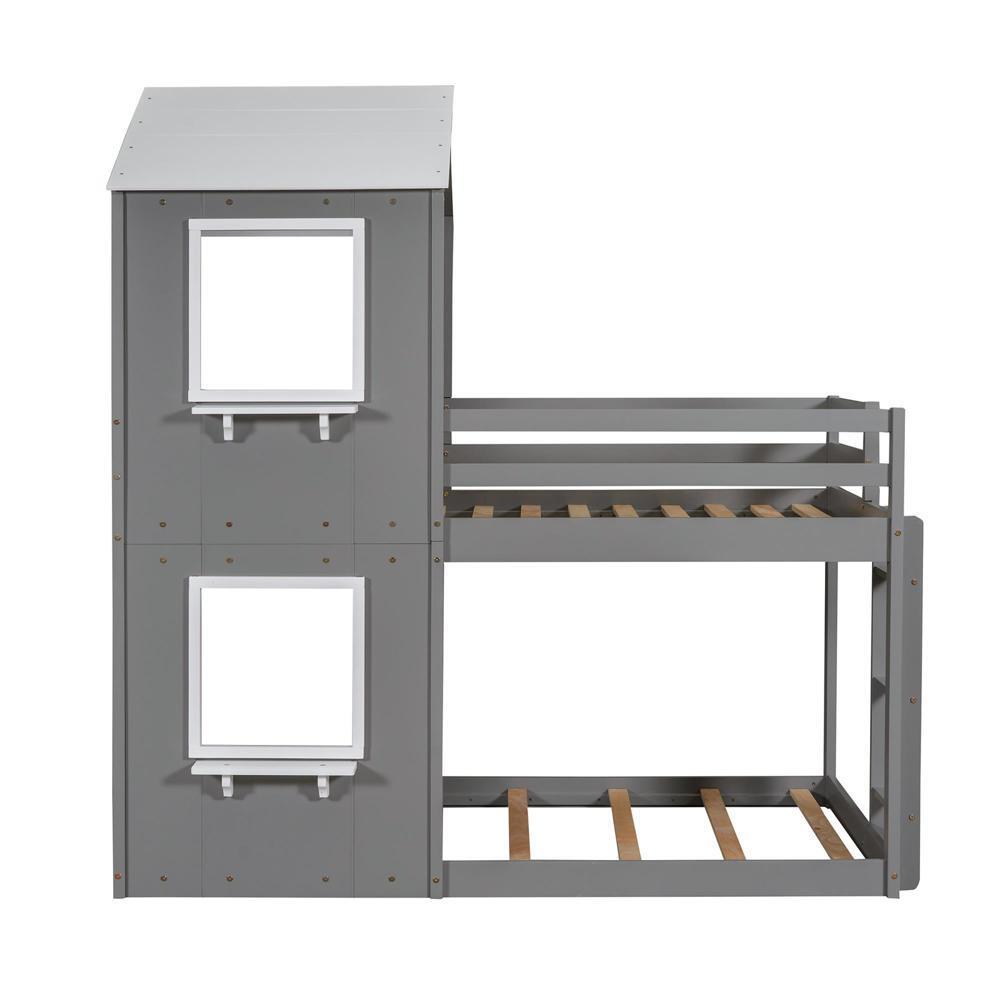 New Twin Over Twin Bunk Bed Wood Bed w/ Roof, Window, Guardrail, Ladder (White)