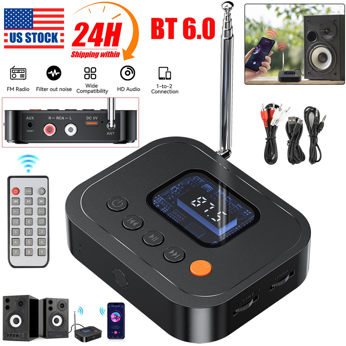 Bluetooth 6.0 Transmitter Receiver 2 IN 1 Wireless Audio 3.5mm Jack Aux Adapter