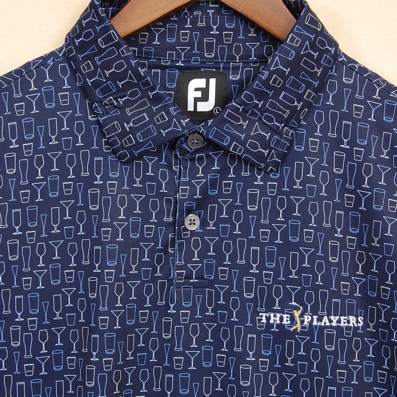 FootJoy THE PLAYERS Shirt Polo Mens Large Blue Golf Cocktail Glass Print Pattern