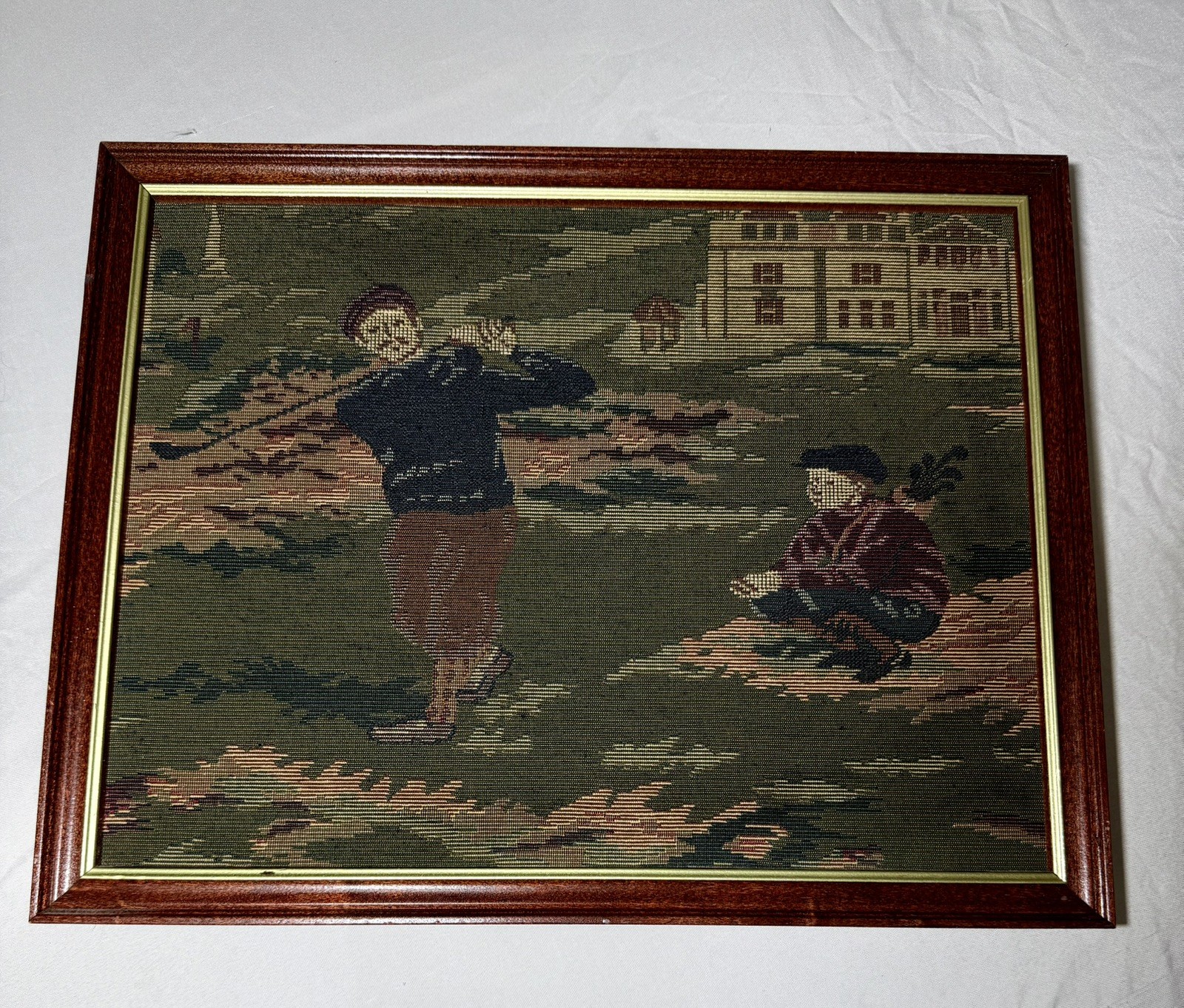 Vintage Golf Needlepoint Tapestry Framed Textile Wall Art Classic Scene