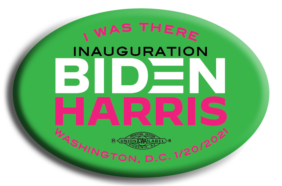 2020 BIDEN HARRIS INAUGURATION OVAL  PIN BUTTON 1-3/4" X 2-3/4" UNION AZ AKA GWP