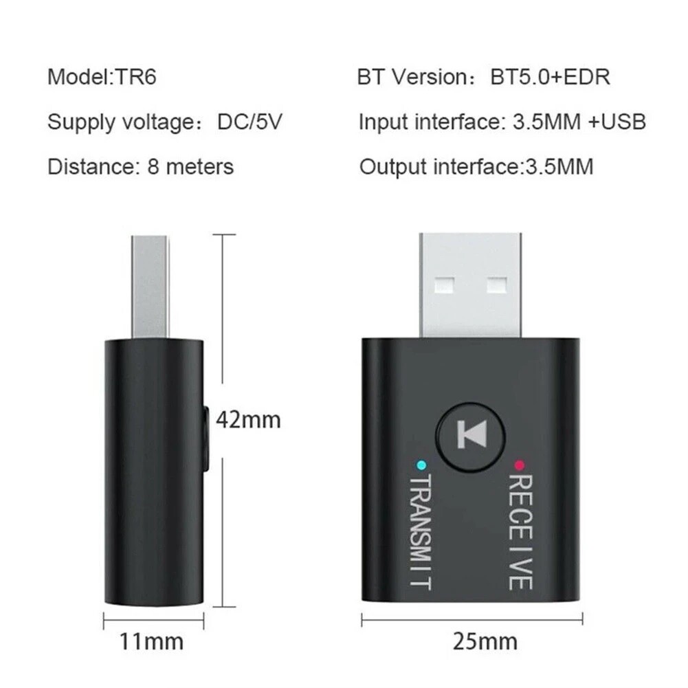 2in1 Bluetooth 5.0 USB Audio Transmitter Receiver Adapter Wireless for Car TV PC
