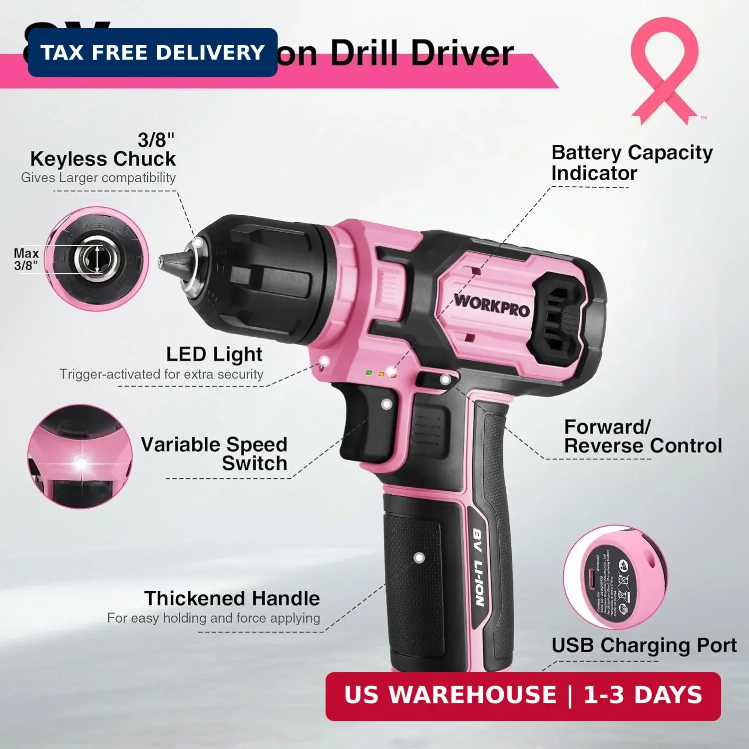 Pink Power Drill Set and Stackable Tool Box, 8V Cordless Drill Driver wi