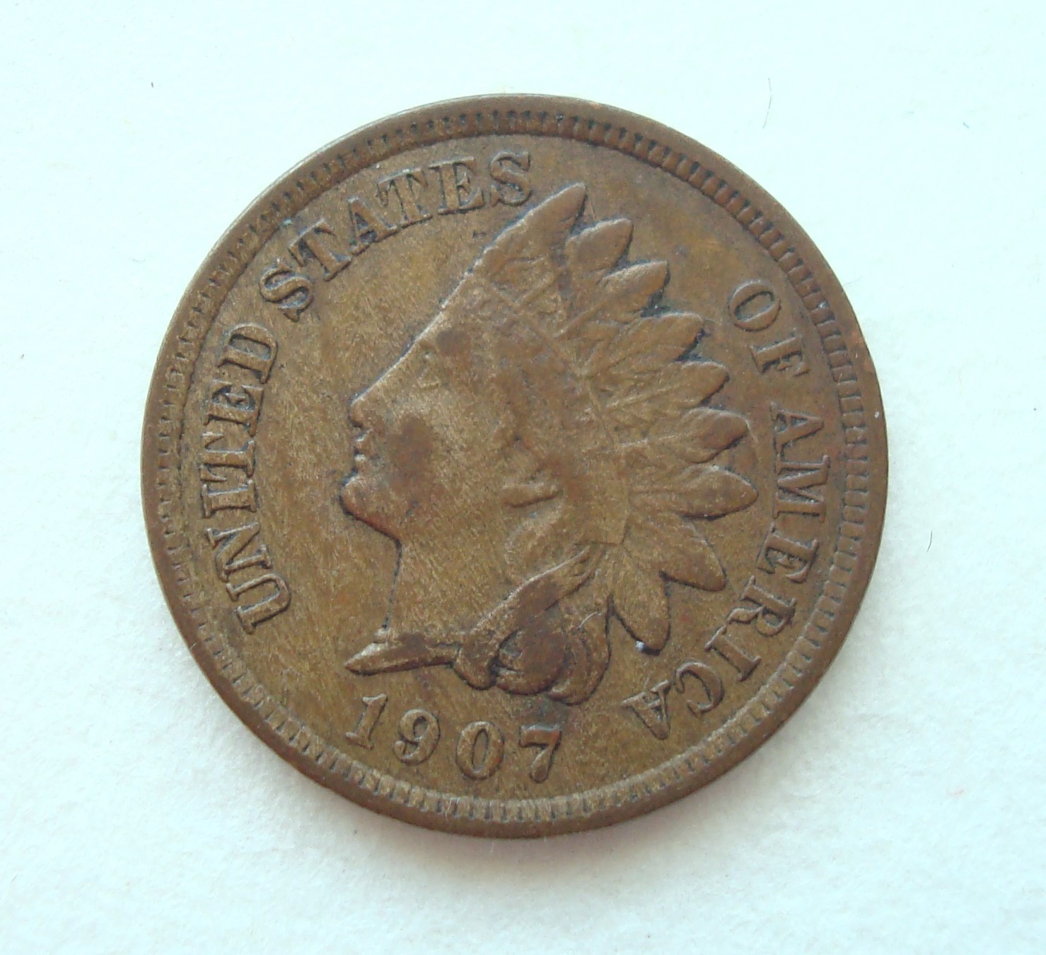 1907 Indian Head Cent Penny, Flaw in Feathers, F-VF, FREE SHIPPING