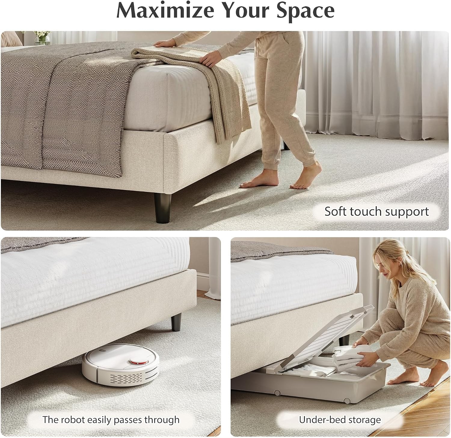 Twin Size Bed Frame W/ Adjustable Height Headboard Noise-Free Upholstered
