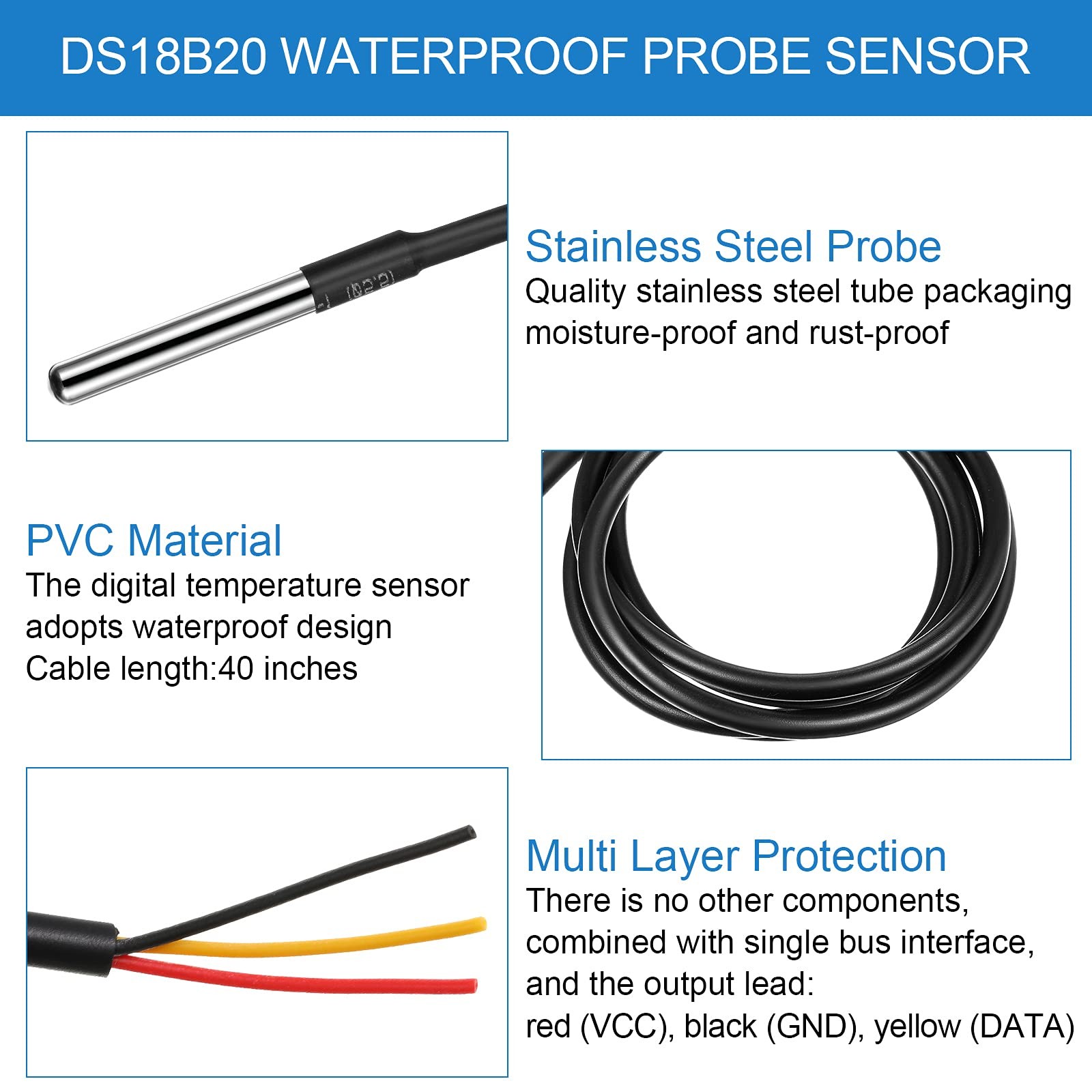 Weewooday DS18B20 Temperature Sensor Module Kit, 4 Sets with 1m Cable