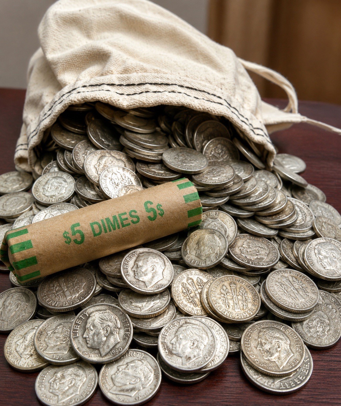 Roll of 50 Circulated Roosevelt SILVER Dimes 90% Silver $5 FV Pre-1965
