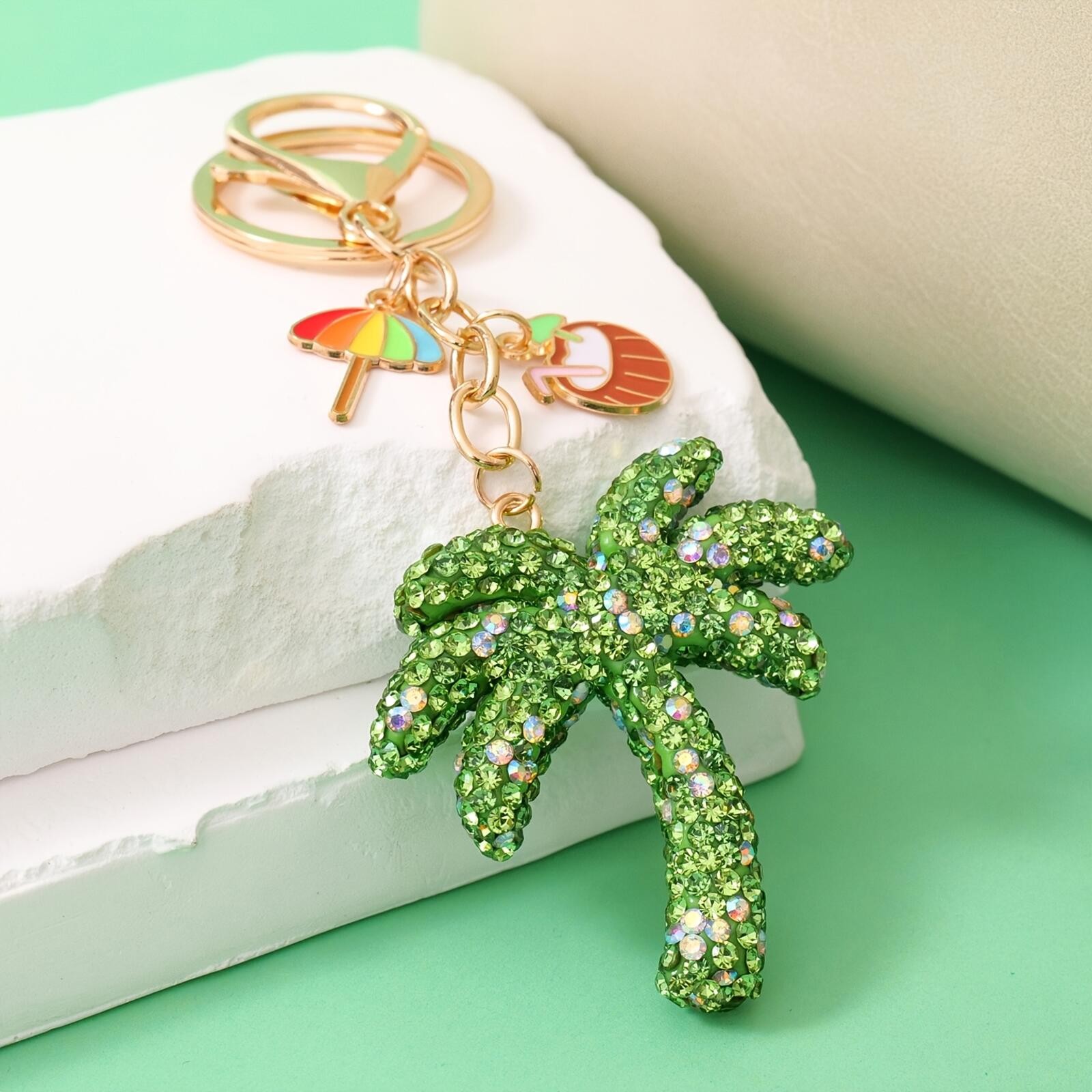 Green Rhinestone Palm Tree Keychain Bag Charm