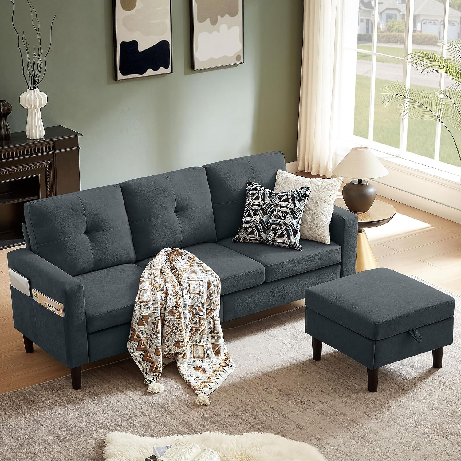 80" Convertible Sectional Sofa Couch with Movable Ottoman, 3 Seats Sectional