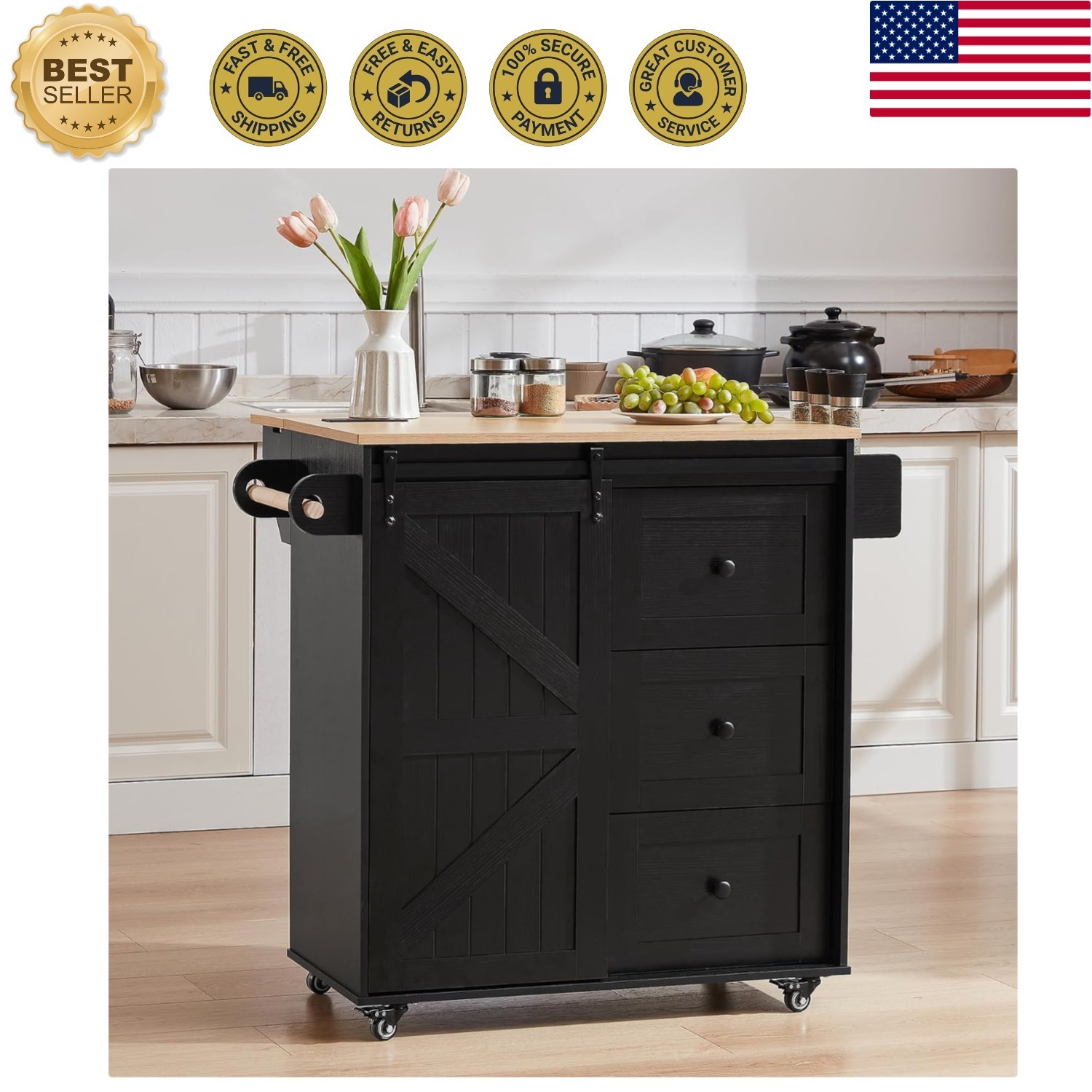31.5" Farmhouse Kitchen Island with Drop Leaf & Power Outlet, Rolling Kitchen...