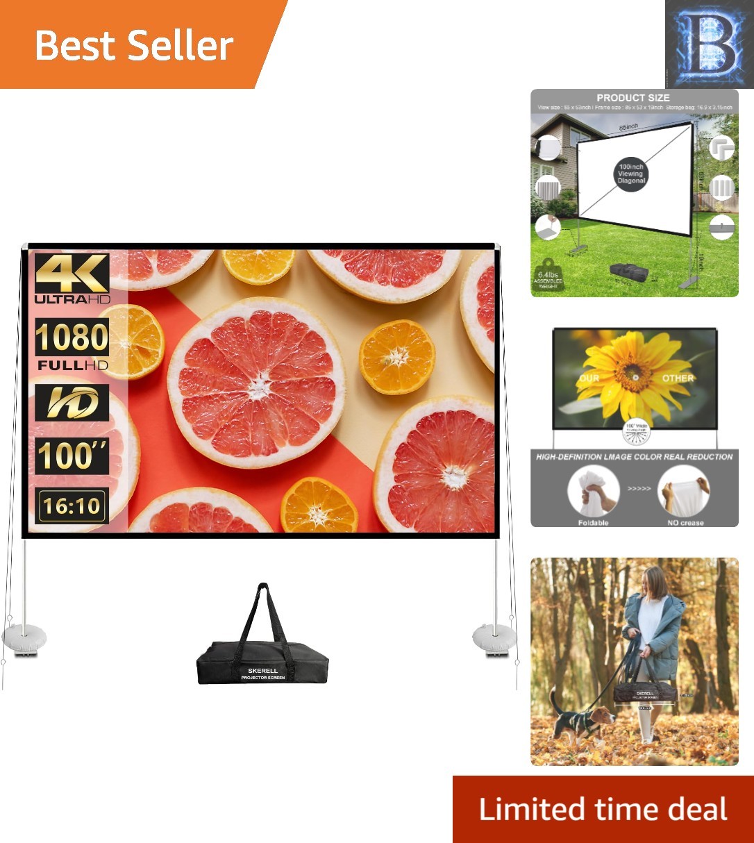 100 Inch Outdoor Projector Screen with Stand - 4K HD for Ultimate Movie Nights