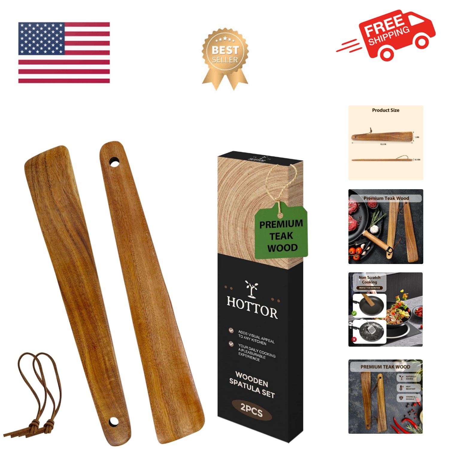 Teak Wood Spatula for Cooking,12.2 Inch Flat Wooden Spatula for Cast Iron,Woo...