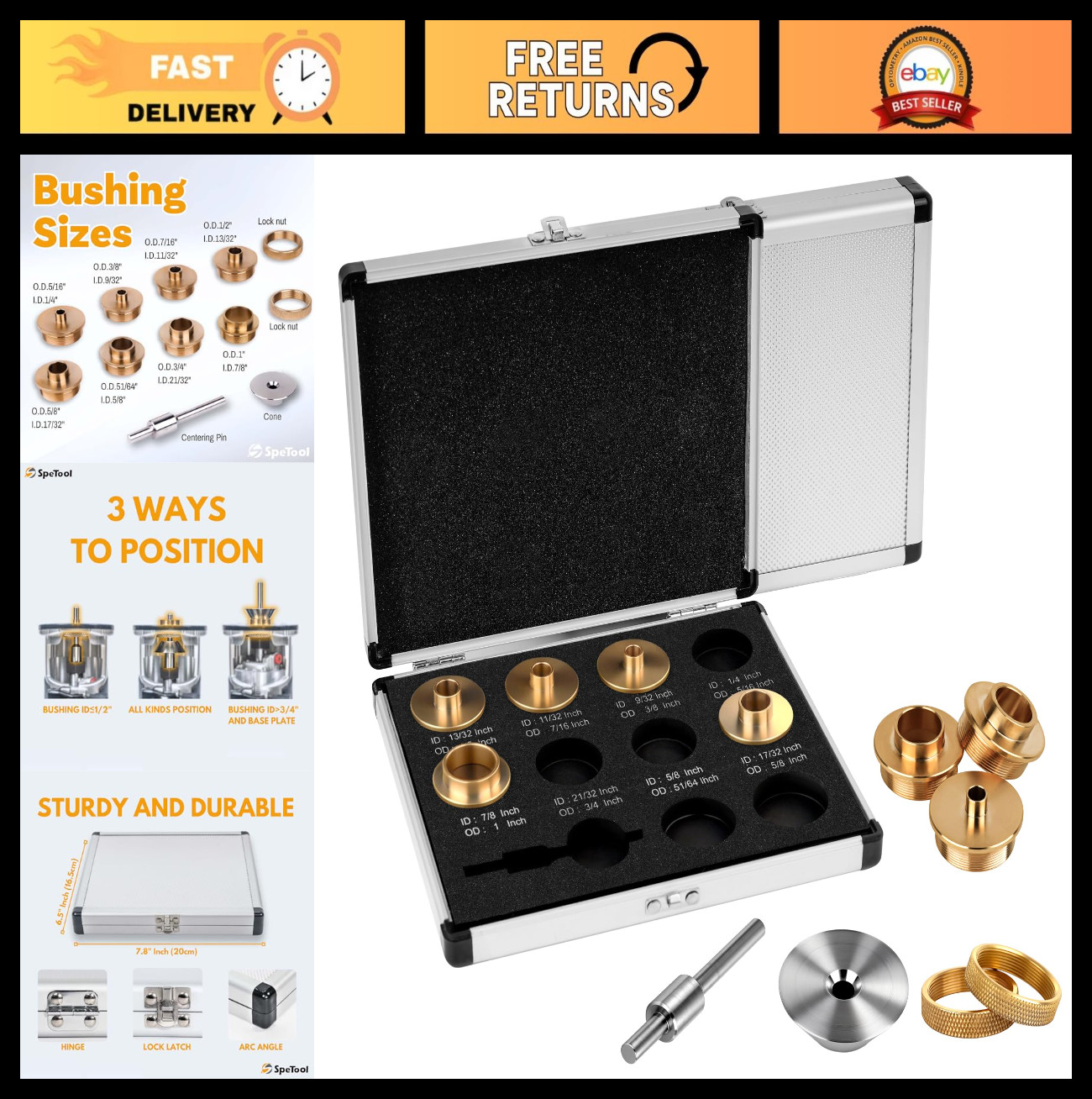 10-Piece Brass Router Template Bushing Set with Centering Pin & Cone, Aluminum C