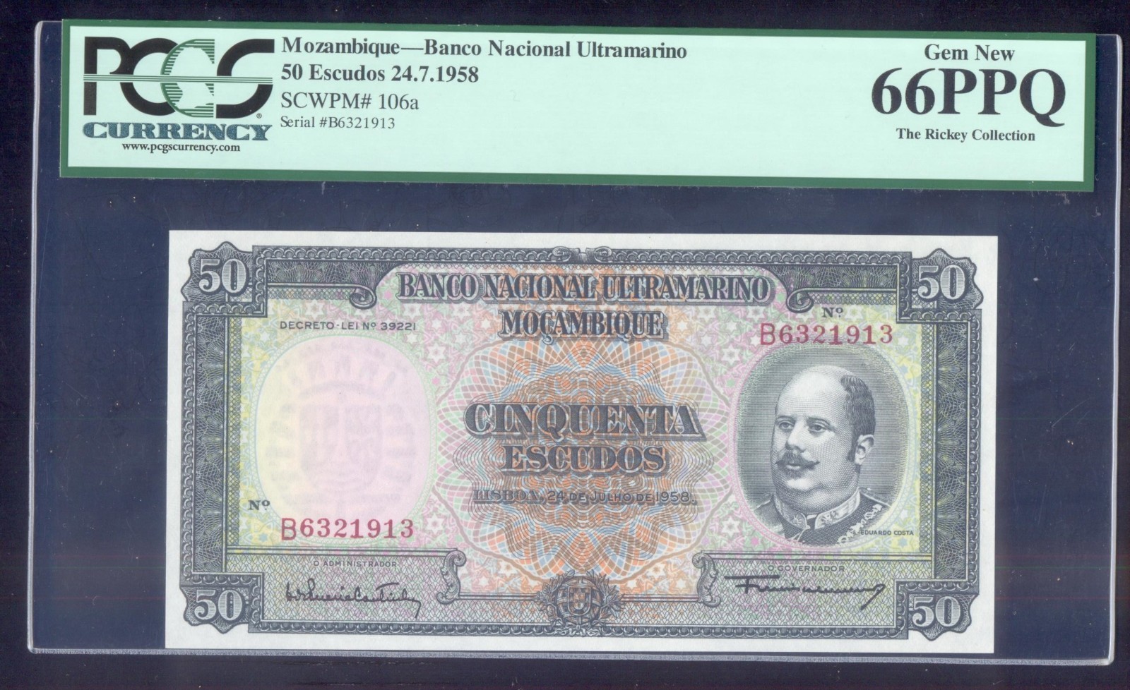 MOZAMBIQUE  50 Escudos  1958  P106a  PCGS66  UNC