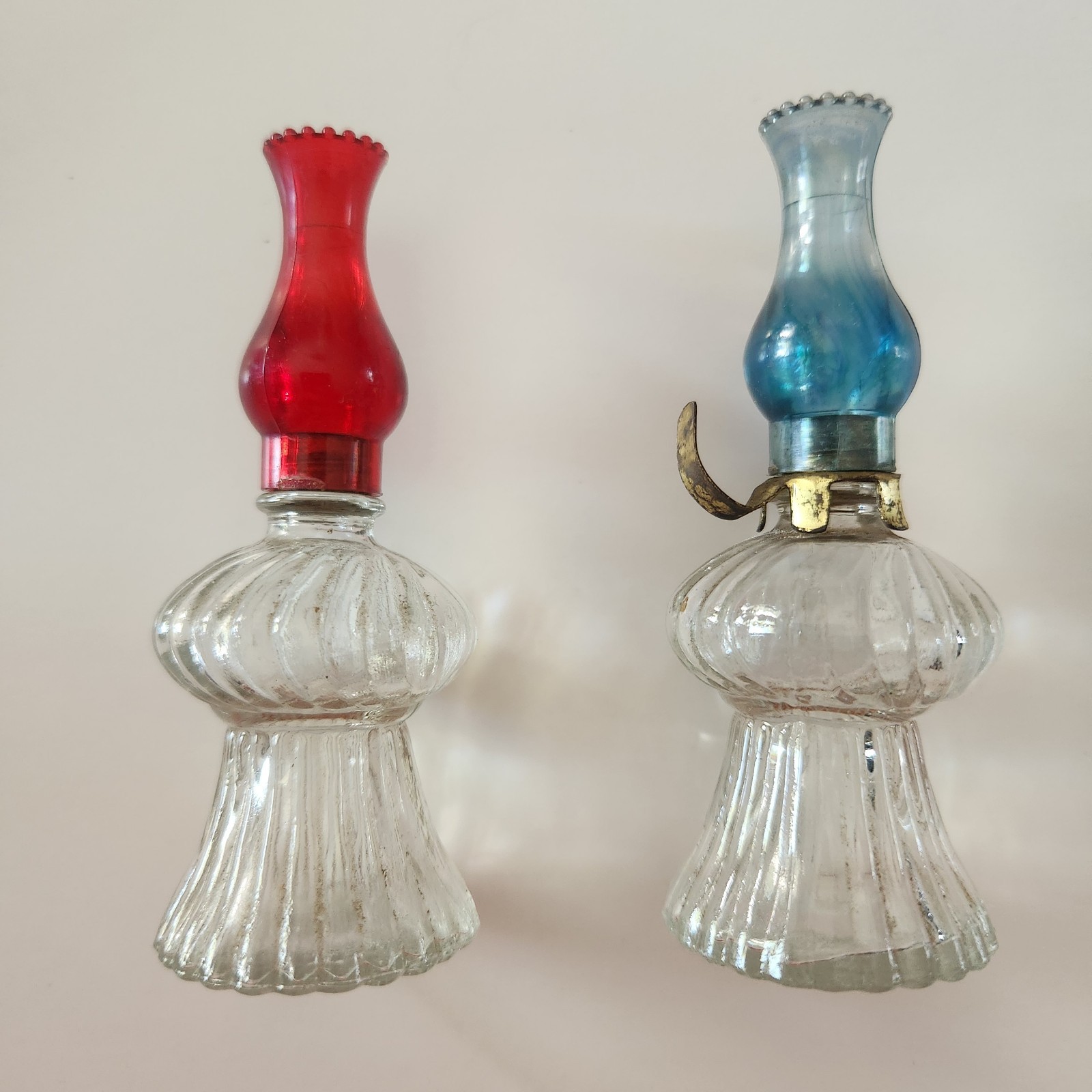 Vintage Antique Miniature Oil Lamps Clear / Blue & Red Glass 3.75 Inch