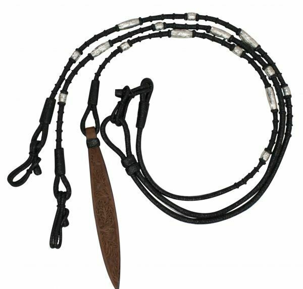 BLACK Braided Rawhide ROMAL REINS 8' x 1/4" SILVER Beads Leather Popper 4" Quirt