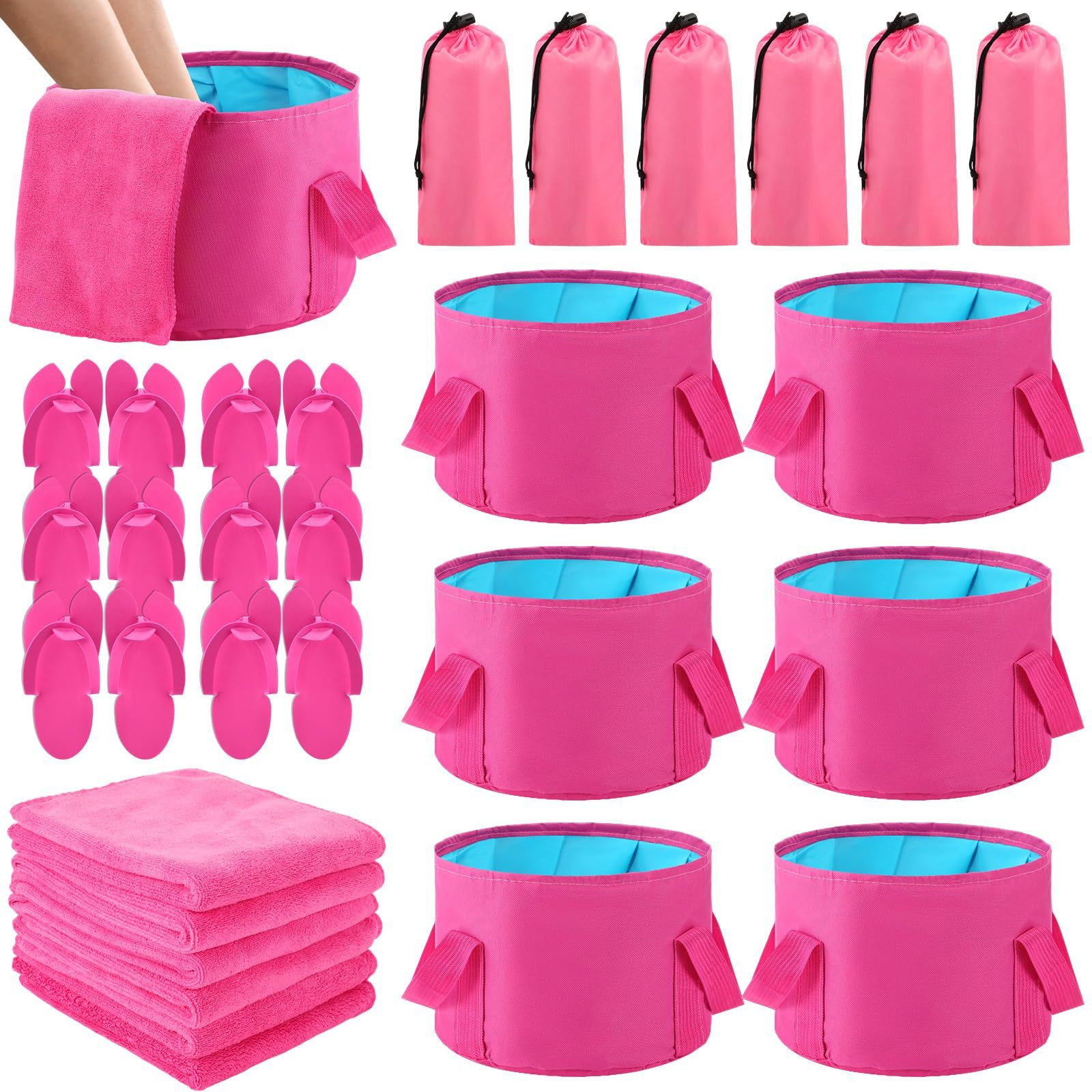 FillTouch 6 Sets Foldable Foot Bath Kit 15L Collapsible Soaking Rose Red