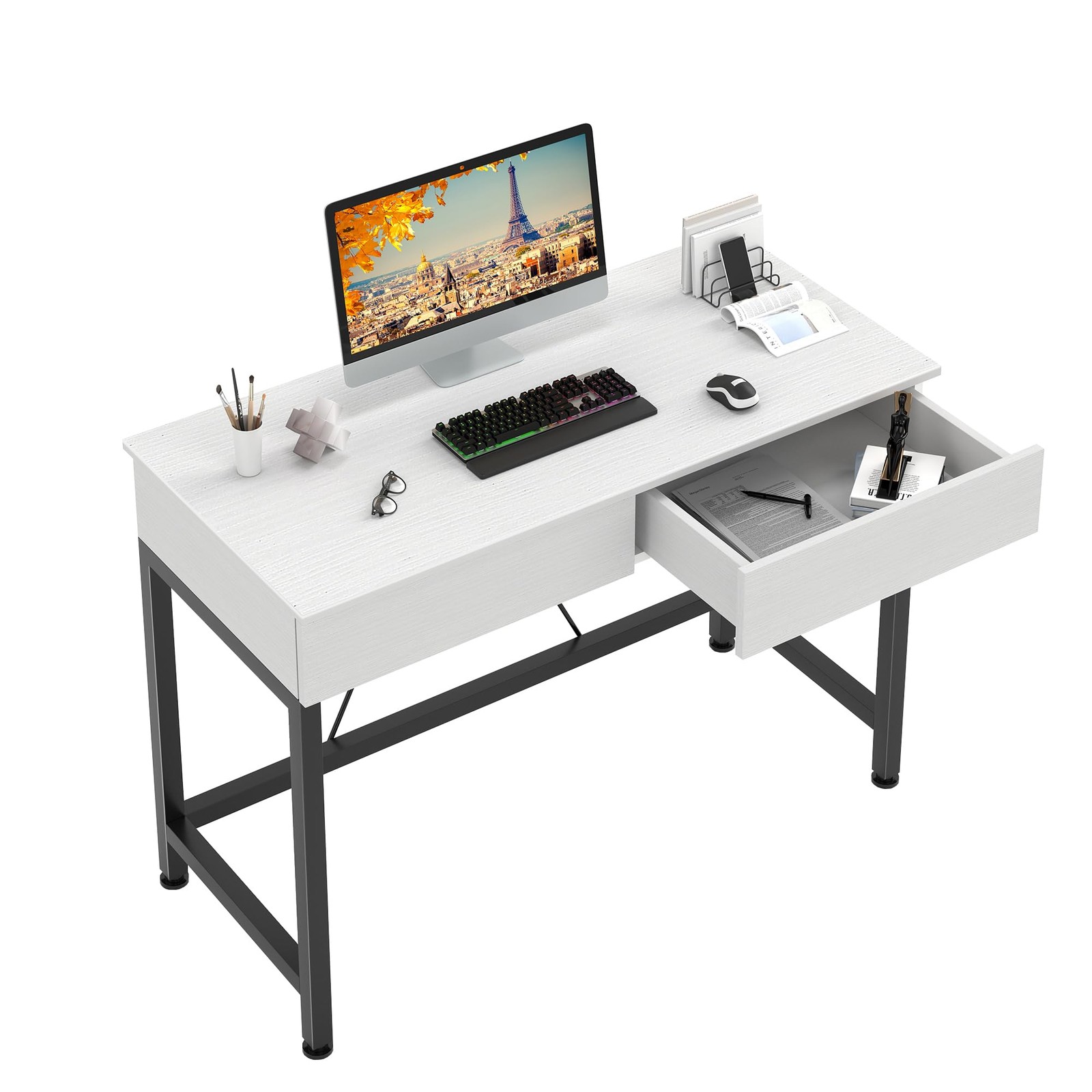 CAIYUN 40Inch Computer Desk with 2 Wooden Drawers, Small Desks 39 Inch, White