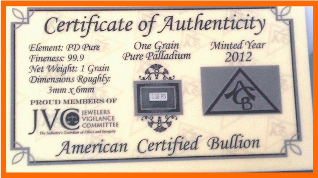 1 Grain Palladium Bullion Bar (99.9 Pure)  ~ American Certified Bullion