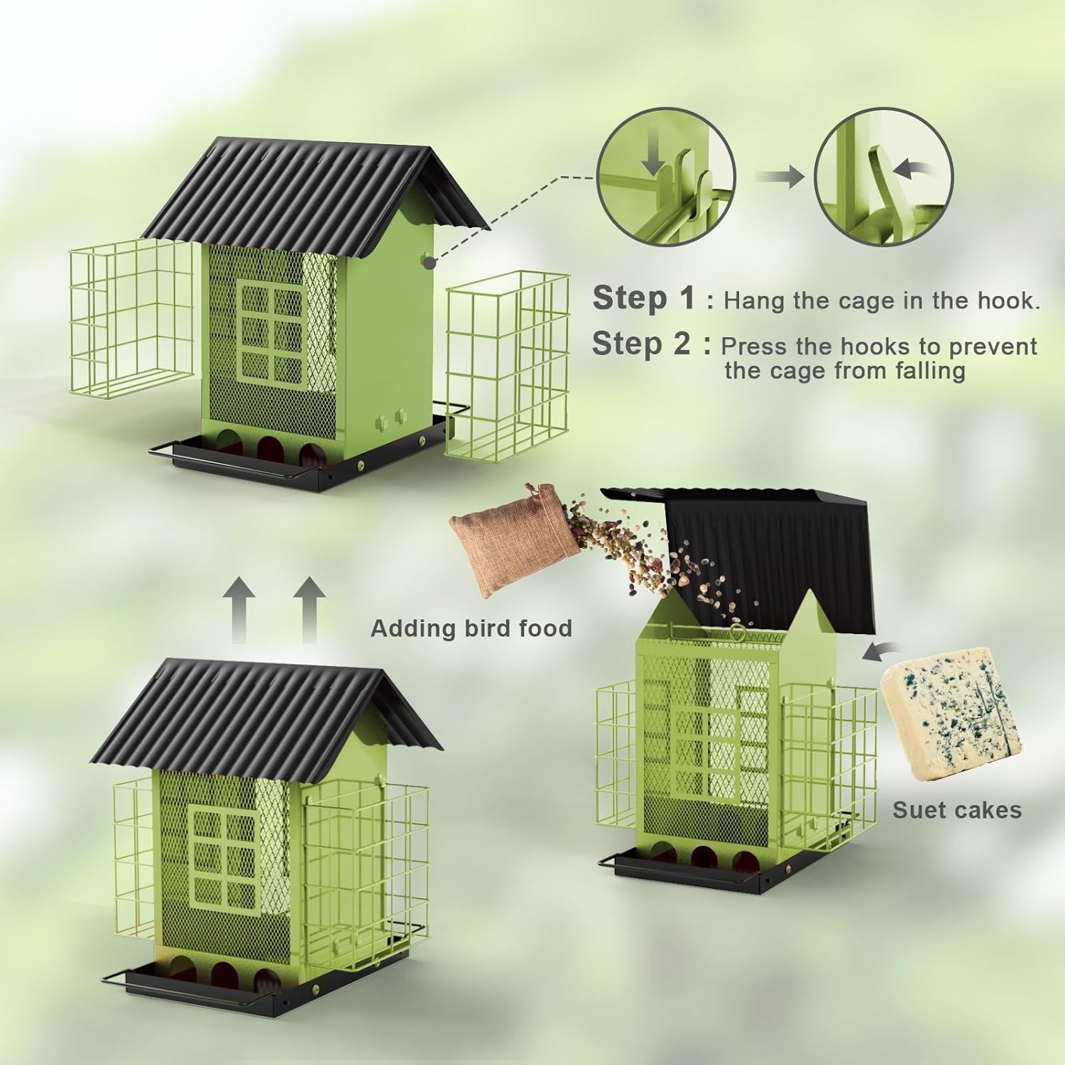 Bird Feeders for Outdoors Hanging, Metal Feeder with Double Suet Green