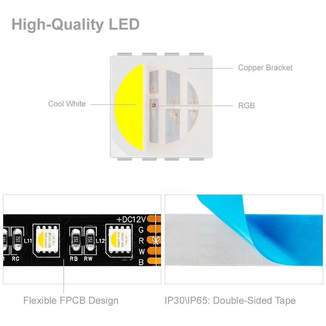 5050 RGBW RGB+Cool White6000K-7000K 4 Colors in 1 LED Tape Light DC12V 5m 16....