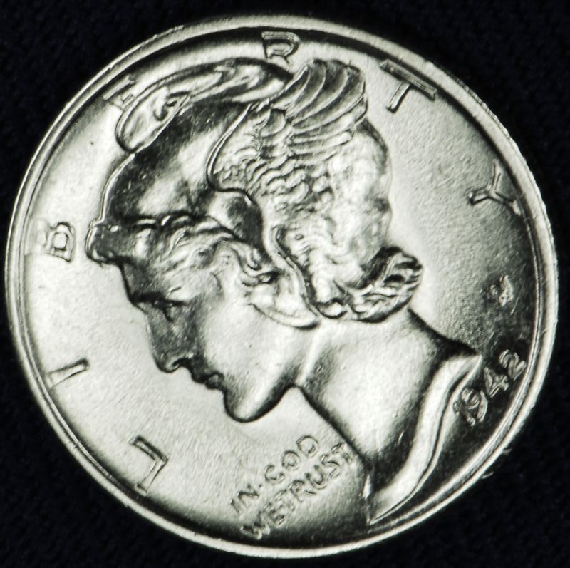 1942-s Mercury Dime.   66% fully separated horizontal bands.   BU  (Inventory A)