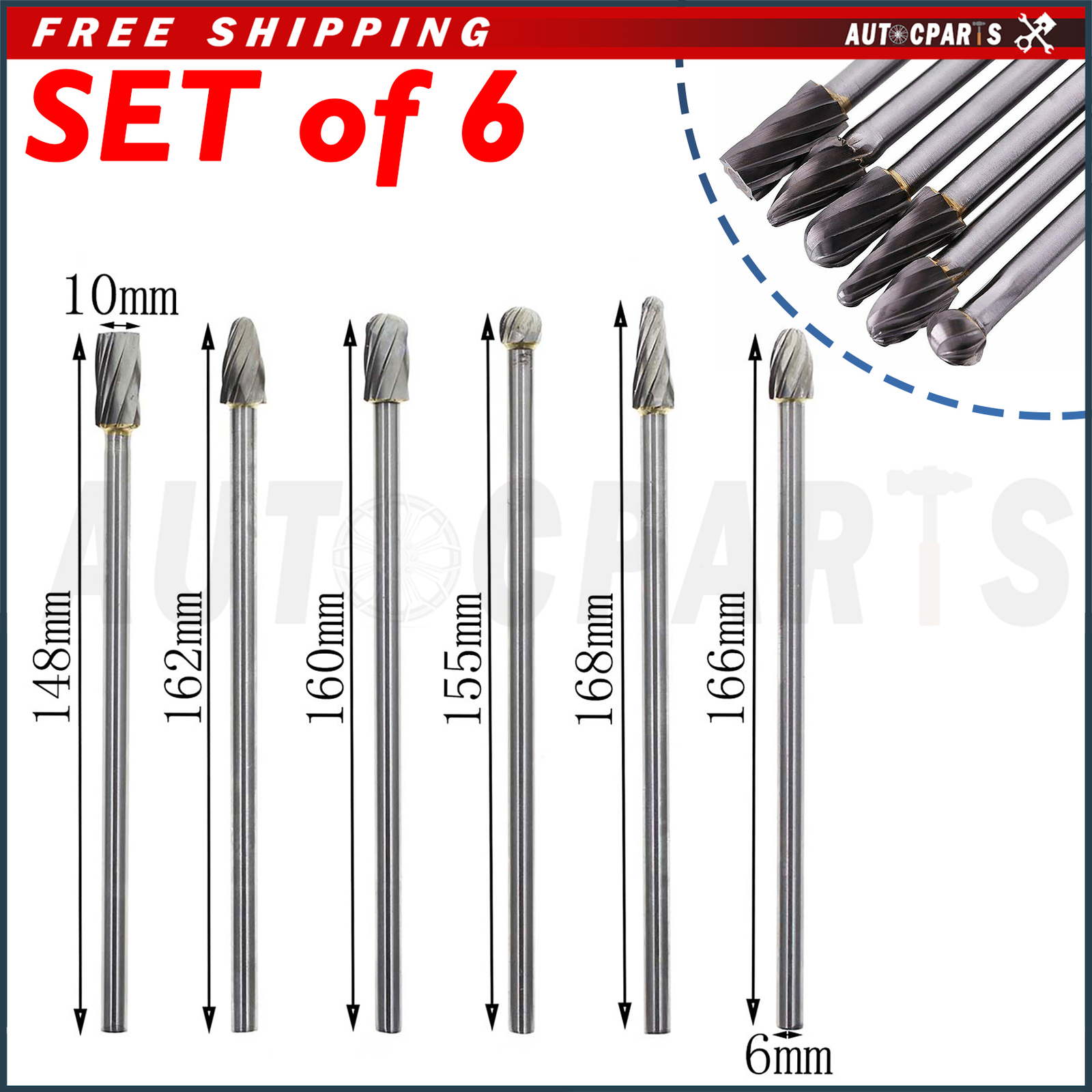 6" Long Reach Rotary Burr 6pc Set Double Cut Tungsten Carbide Bit 1/4" Shank New