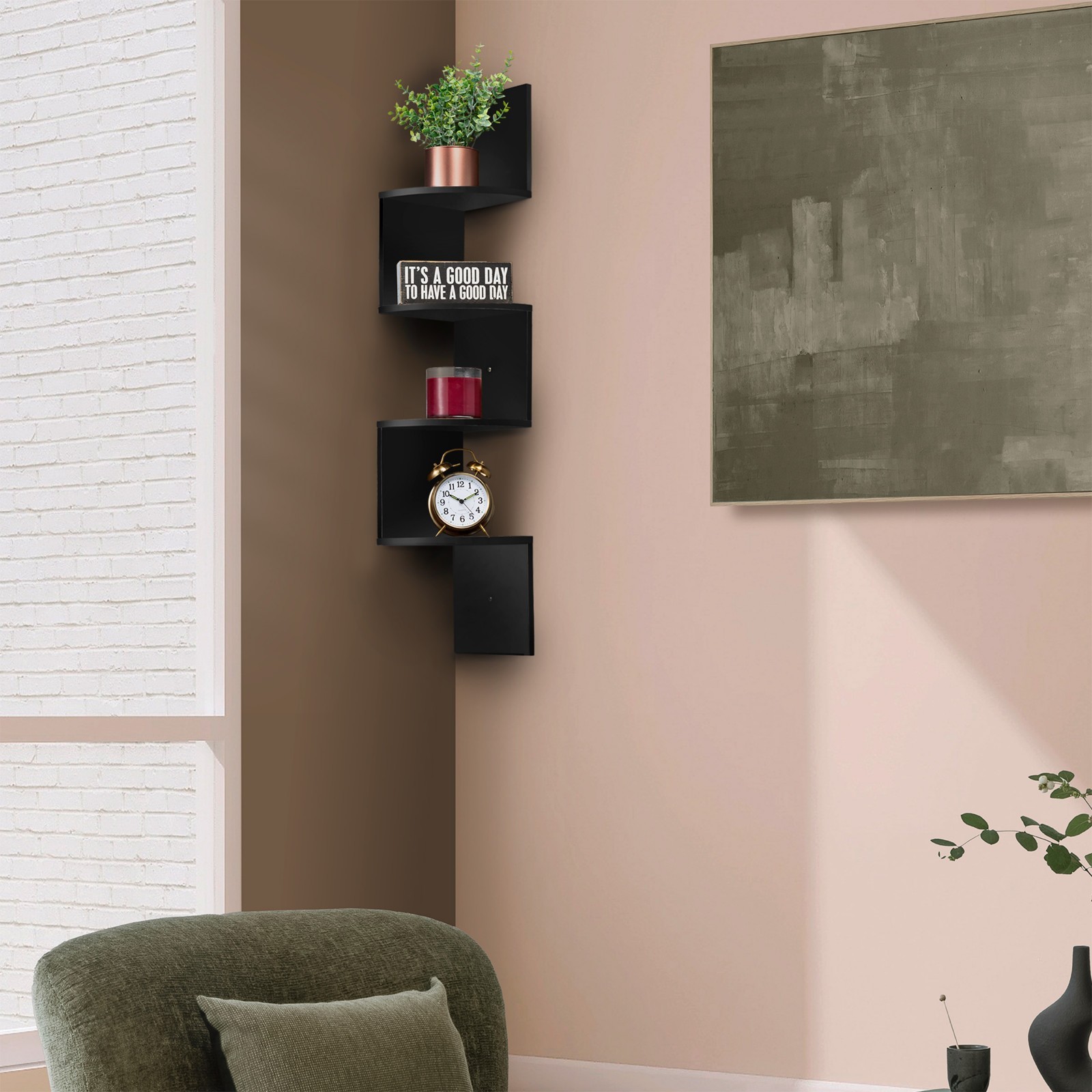 5-Tier Zig Zag Geometric Corner Wall Book Shelf Unit, Floating Wall Shelf