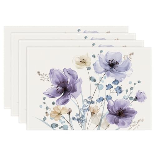 Watercolor Floral Placemats Set of 4, 12x18 Inch Lilac Brown Flower Purple