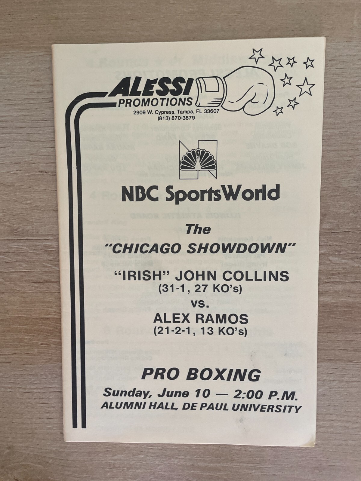 Vintage Alessi Promotions Pro Boxing John Collins Vs. Alex Ramos Program B1509