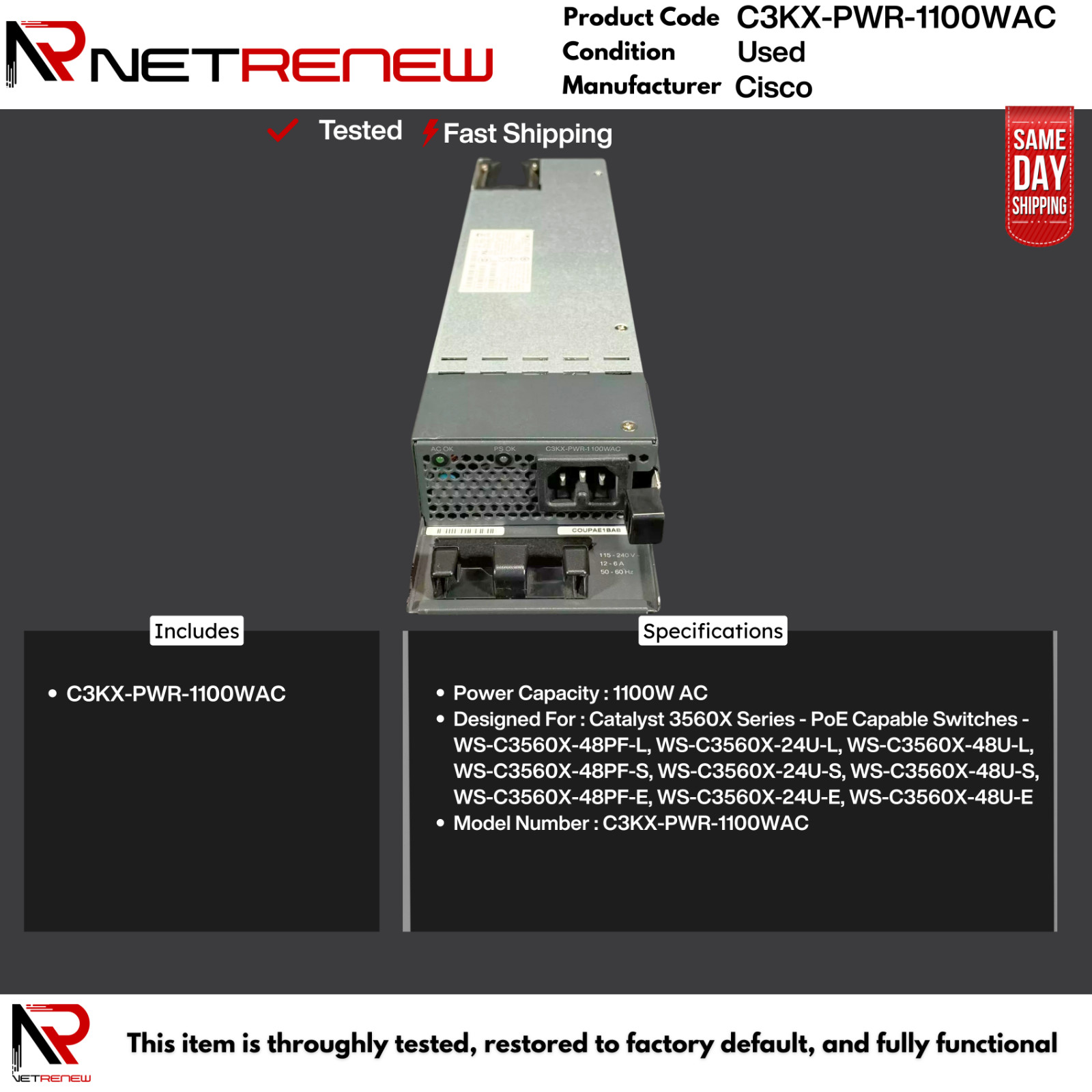 C3KX-PWR-1100WAC Cisco  AC Power Supply 1100W 3560x - 3750x - 3850