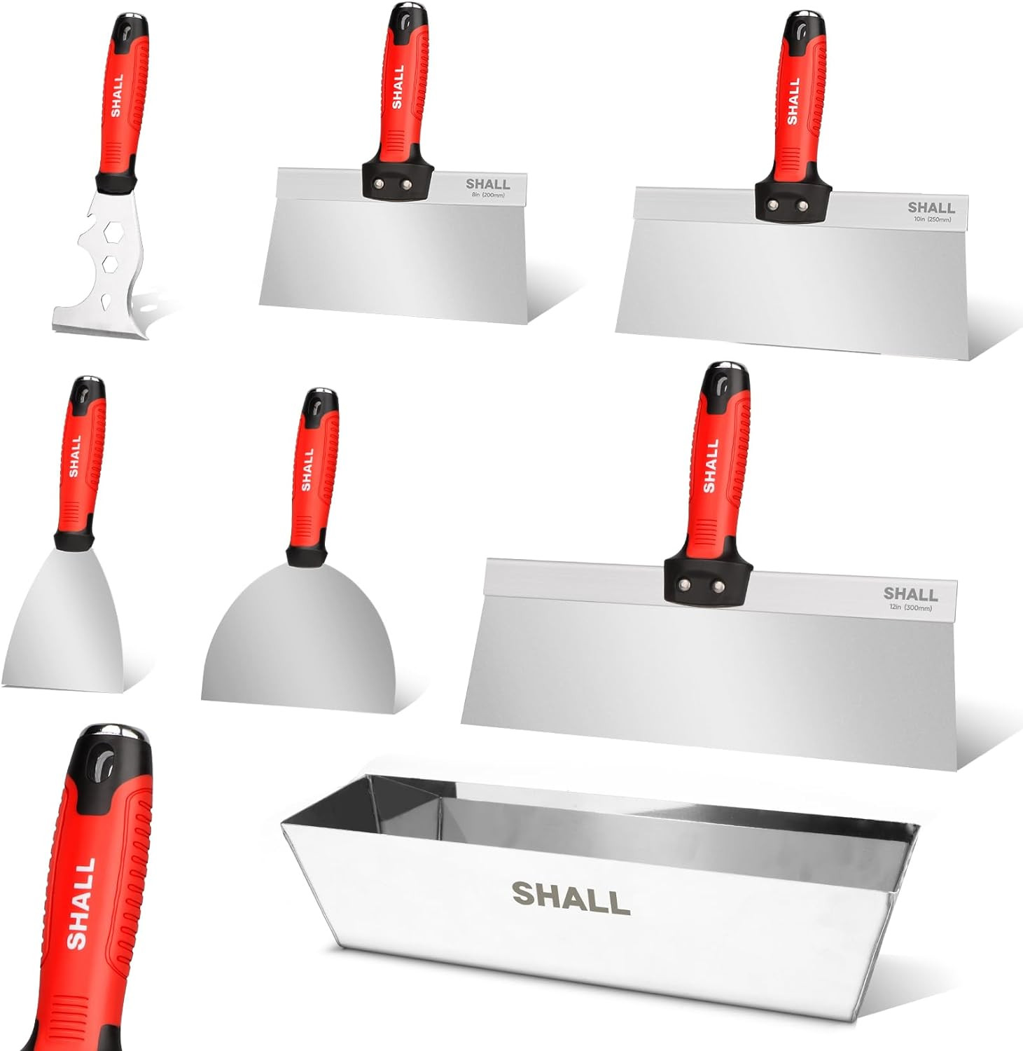 Drywall Tool Kit, 7 Pcs Stainless Steel Set Includes Putty Knife, Taping Knife,