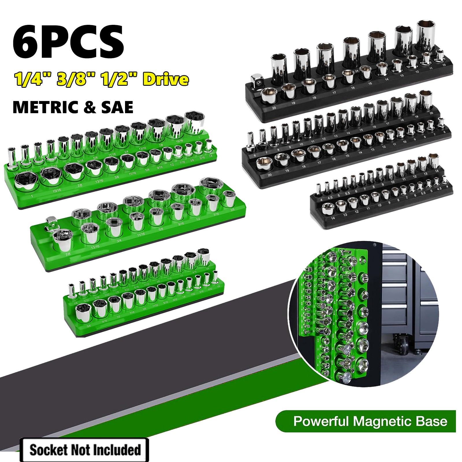 6PC Magnetic Socket Organizer Storage Holder Set 1/4'' 3/8'' 1/2'' Metric SAE