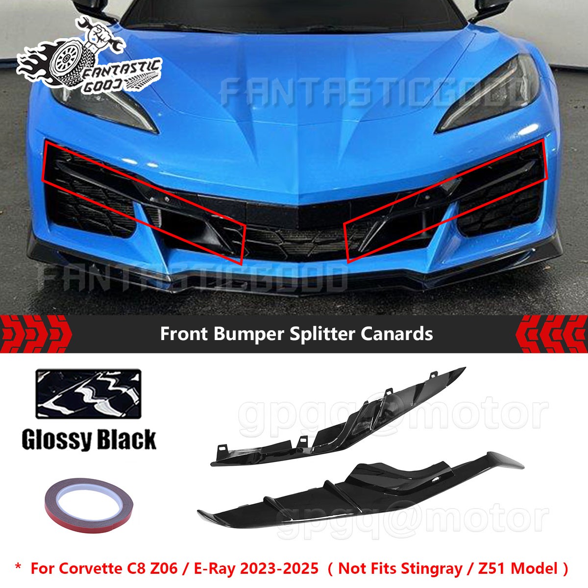 For Corvette C8 Z06 E-Ray 23-26 Gloss Black Front Bumper Splitter Canards Add-On
