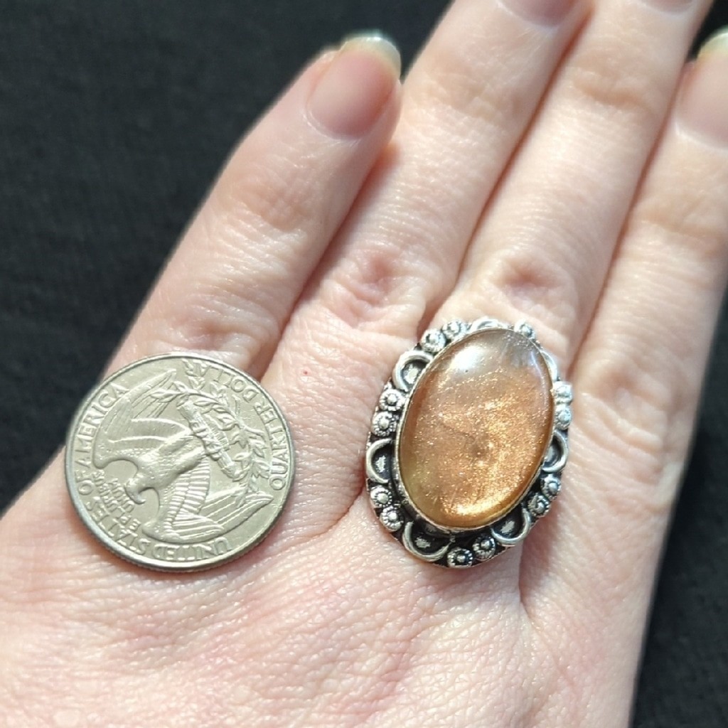 Silver Plated Peach Sunstone Gemstone Oval Statement Ring - Size 8.75