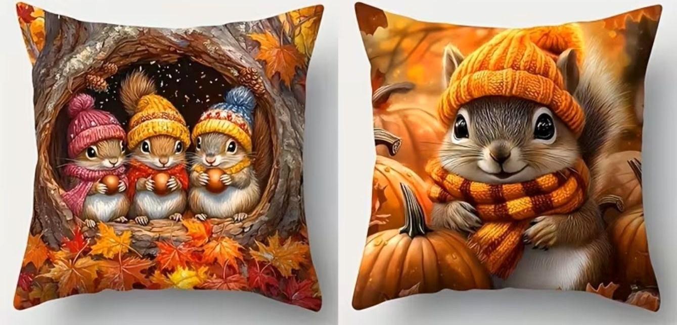 SET of 2--Cute SQUIRRELS & FALL Pumpkins-Pillow Cover-with zipper-19.7x19.7-inch