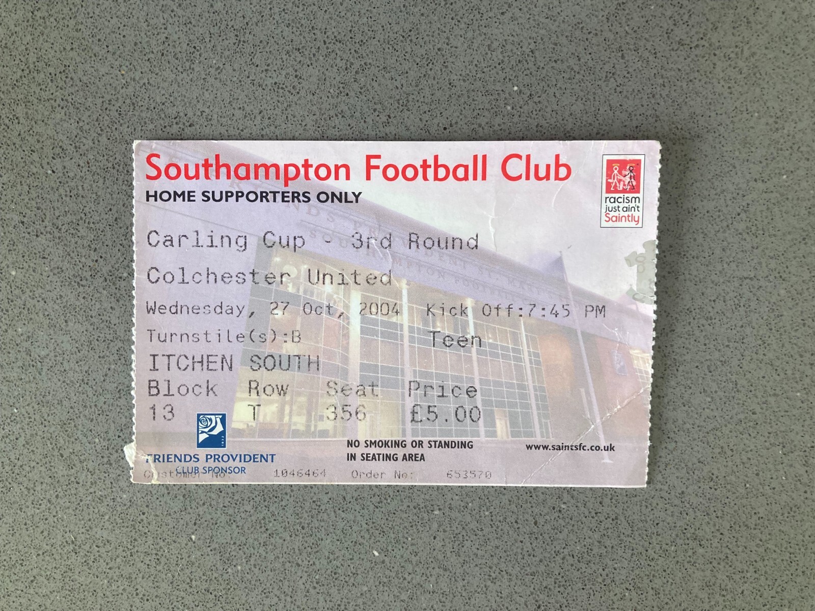 Southampton v Colchester United 2004-05 Match Ticket