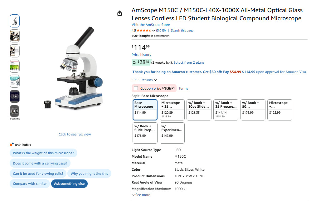 AmScope M150 Series Portable LED Monocular Student Compound Microscope