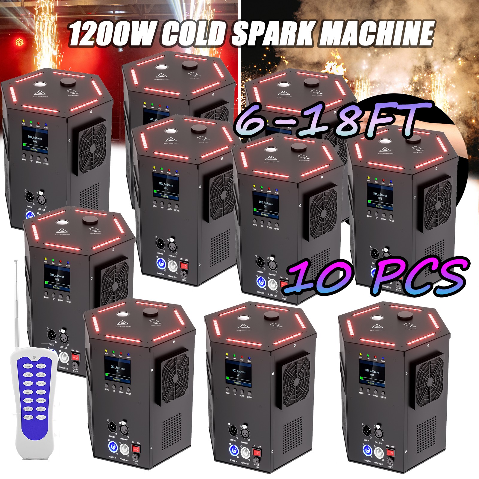 1200W Cold Spark Machine DMX Firework 8-18ft Adjustable for Wedding Stage Party