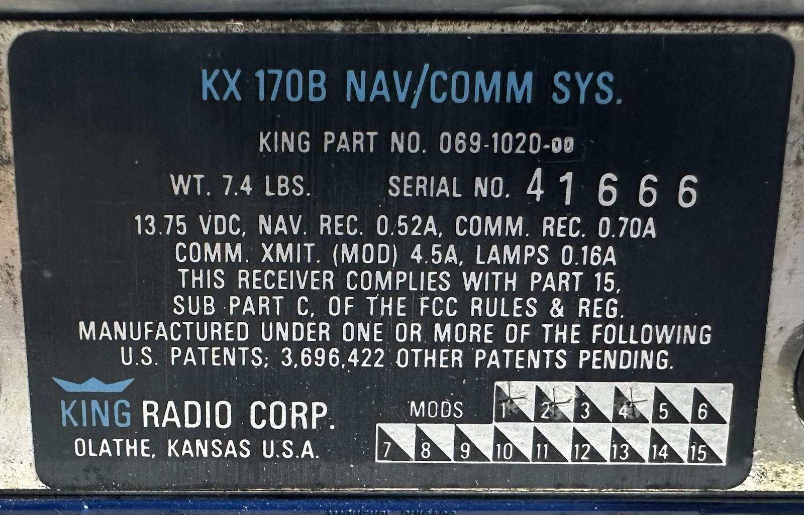 King Nav/Com KX 170B PN 069-1020-00